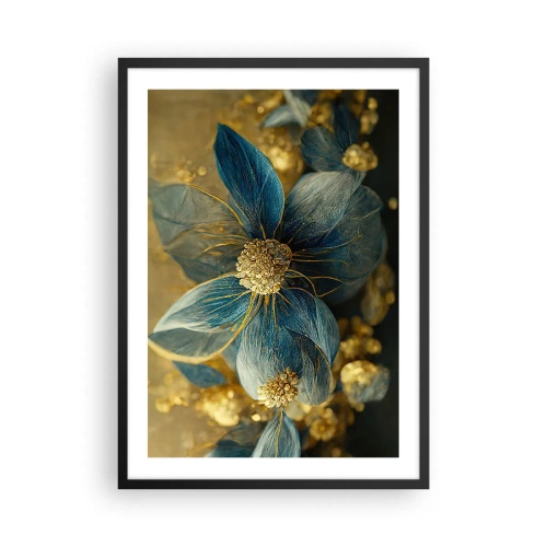 Poszter fehér keretben - Arany és sötétkék virágok elegáns kompozícióban - 50x70cm - Aranyló virág - Modern fali dekoráció nappalihoz és hálószobához ARTTOR