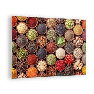 Üveg kép - Különböző fűszerek kompozíciója fa tálakban - 70x50cm - A világ összes íze - Modern fali dekoráció nappalihoz és hálószobához ARTTOR