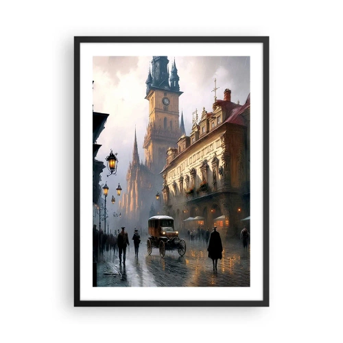 Poszter fehér keretben - Történelmi város alkonyatkor egy történelmi járművel - 50x70cm - Egy prágai este varázsa - Modern fali dekoráció nappalihoz és hálószobához ARTTOR