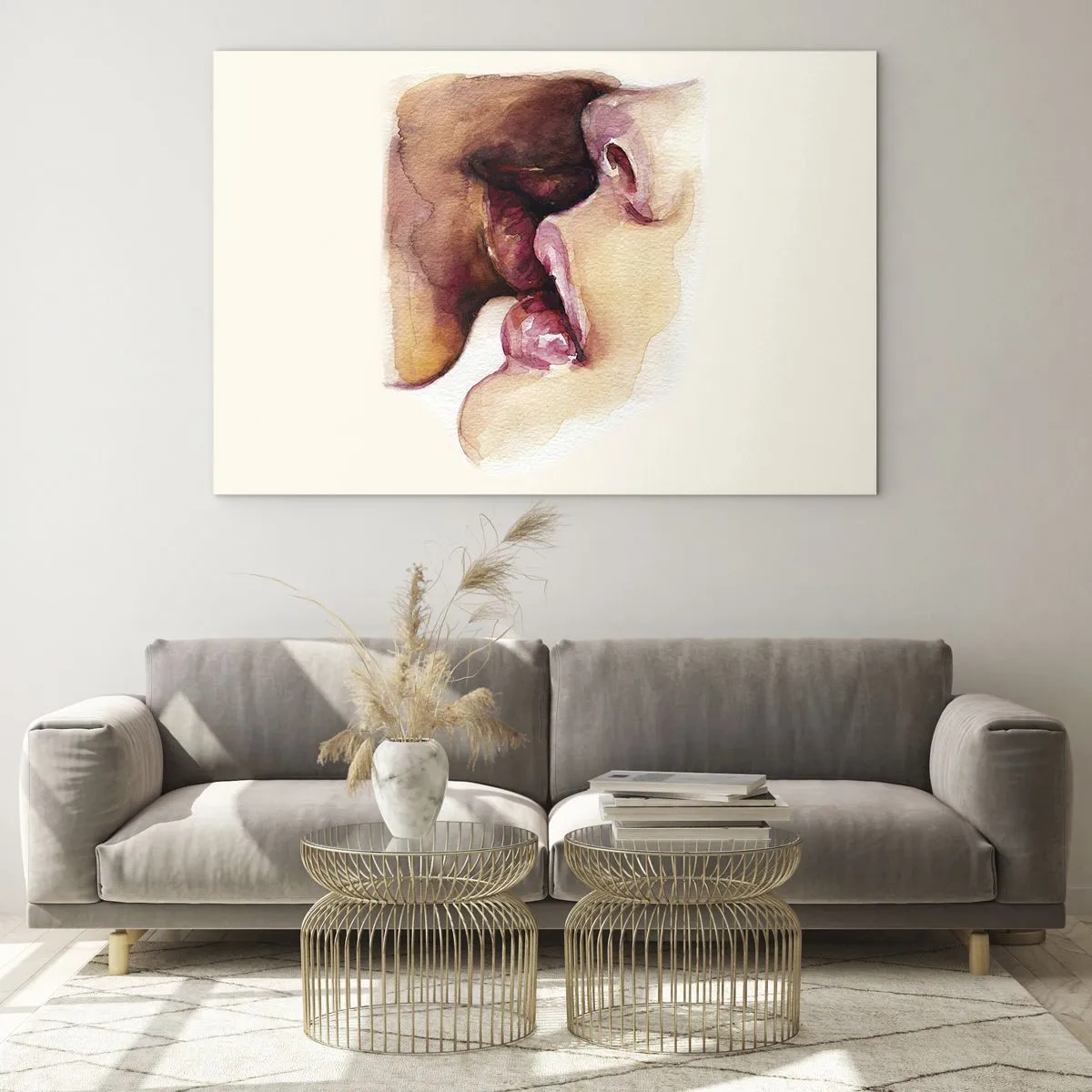 Üveg kép - Két arc művészi akvarell csókja világos háttéren - 70x50cm - Mint éjszaka és nap, föld és ég - Modern fali dekoráció nappalihoz és hálószobához ARTTOR