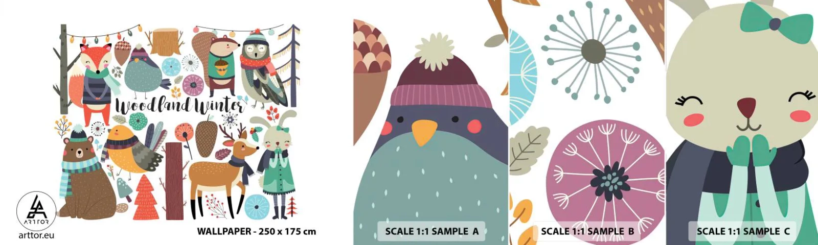 Fotótapéta Minta Öntapadós Deluxe Sticker - Mesebeli ünnepek az erdőben - Gyerekeknek, Tél az Erdőben, Állatok - 100x30 cm