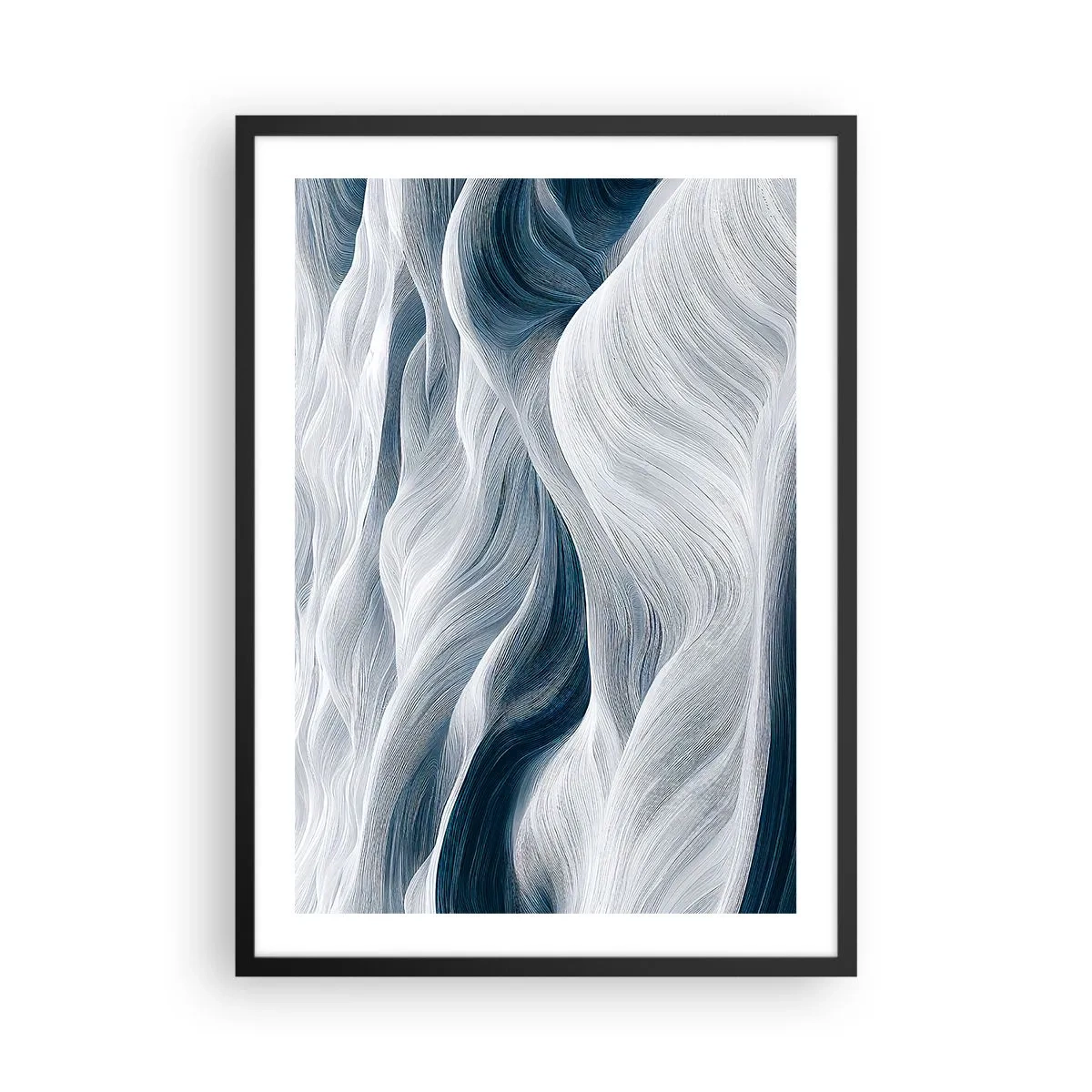 Poszter fehér keretben - Absztrakt hullámok fehér és sötétkék árnyalatokban - 50x70cm - Fehéres kék hullámok - Modern fali dekoráció nappalihoz és hálószobához ARTTOR
