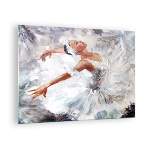 Üveg kép - Egy balerina fehér ruhában, dinamikus pózban - 70x50cm - Finom és könnyű, mint a tüll - Modern fali dekoráció nappalihoz és hálószobához ARTTOR