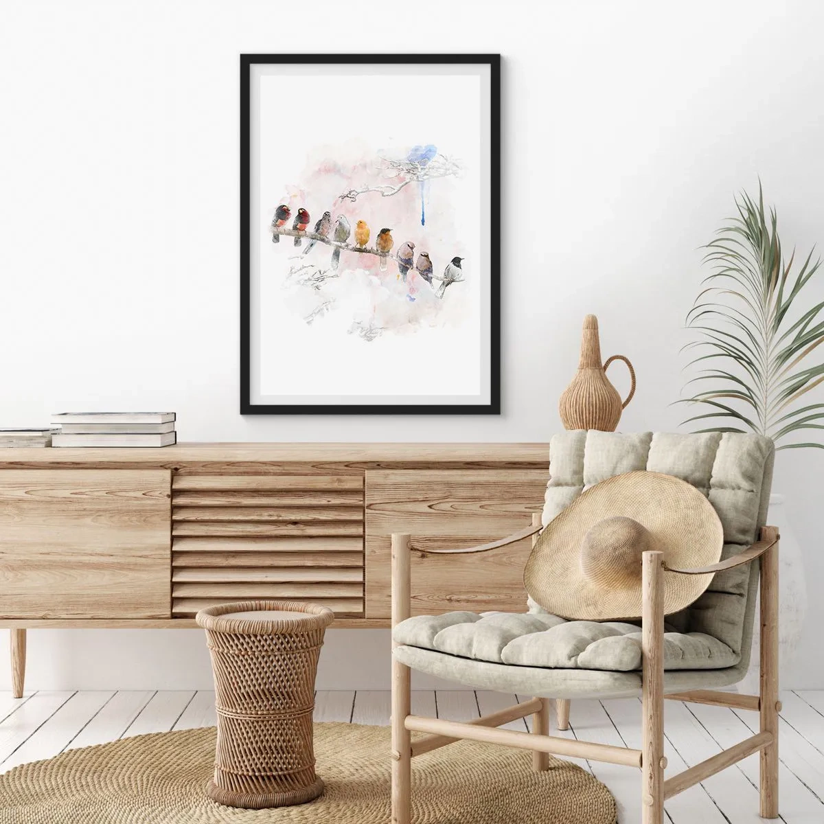 Poszter fehér keretben - Madarak ülnek egy ágon, akvarell stílusban - 50x70cm - Szárnyas találkozó - Modern fali dekoráció nappalihoz és hálószobához ARTTOR
