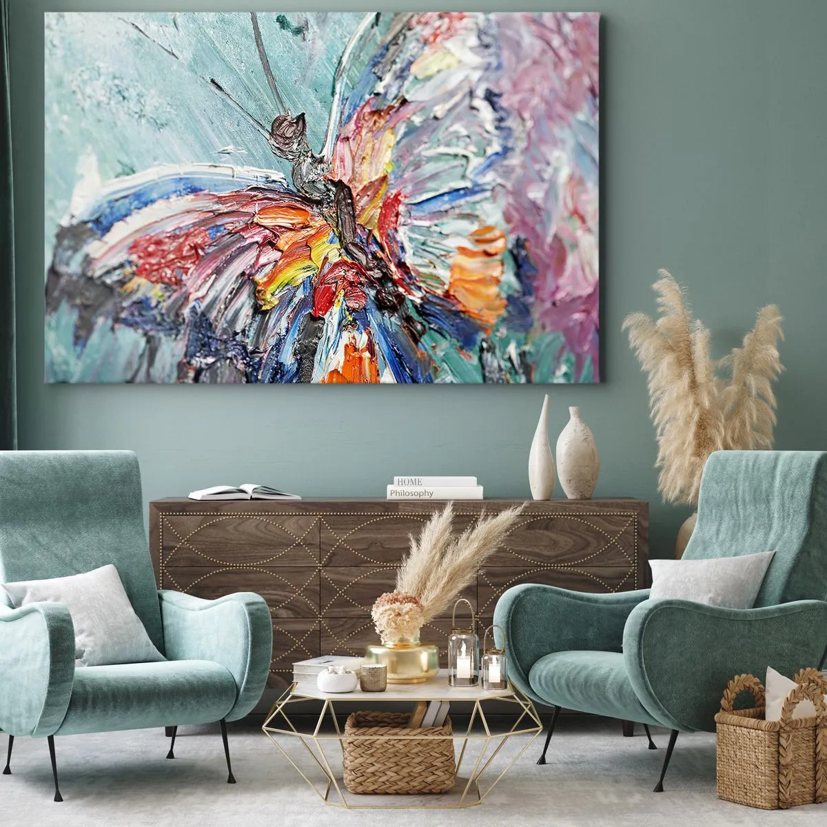 Vászonkép - Színes impasto pillangó pasztell háttéren - 70x50cm - A természet által festett - Modern fali dekoráció nappalihoz és hálószobához ARTTOR