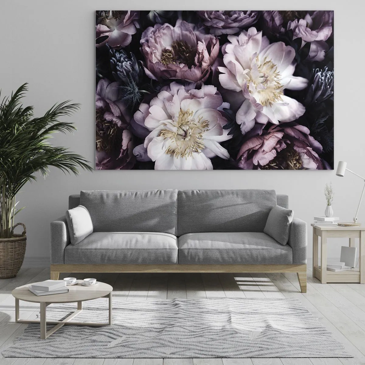 Üveg kép - Romantikus pünkösdi rózsacsokor visszafogott lilában és rózsaszínben - 70x50cm - Régi stílusú csokor - Modern fali dekoráció nappalihoz és hálószobához ARTTOR