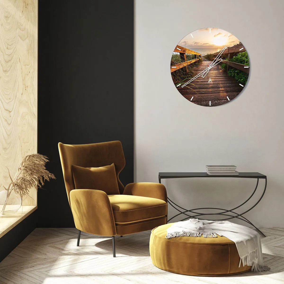 Falióra, Óra - Fából készült móló vezet a strandra naplementekor - 30x30cm - És egyenesen a partra - Modern fali dekoráció nappalihoz, konyhához és hálószobához ARTTOR