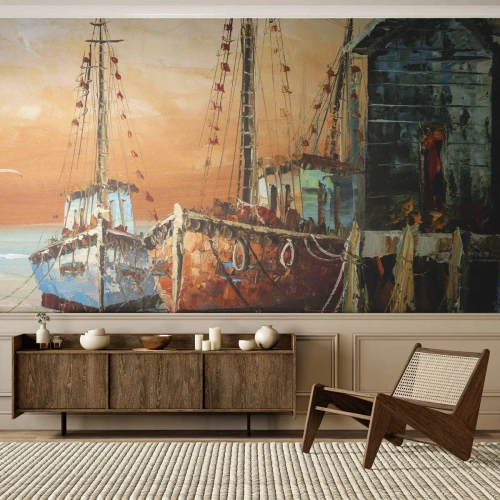 Fotótapéta Premium Sand - Nyugodt visszatérés - Halászhajó, Halászkikötő, Darab - 100x70 cm