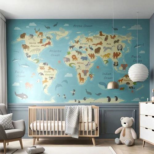 Fotótapéta Premium Sand - Jó szomszédok - Világtérkép, Térkép állatokkal, Állatok - 500x350 cm