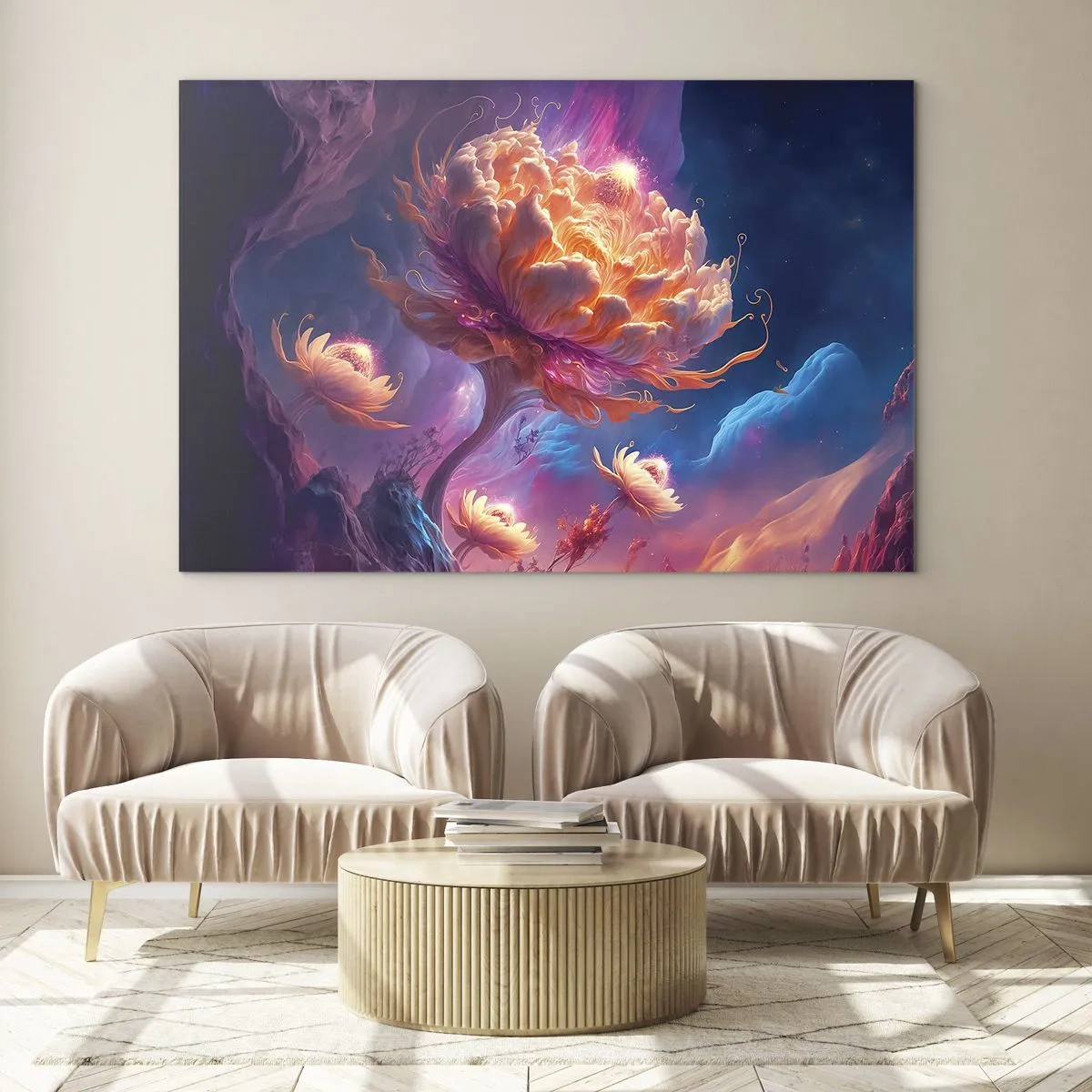 Üveg kép - Egy fantasztikus virág lebeg egy kozmikus környezetben - 70x50cm - Egy másik világ - Modern fali dekoráció nappalihoz és hálószobához ARTTOR