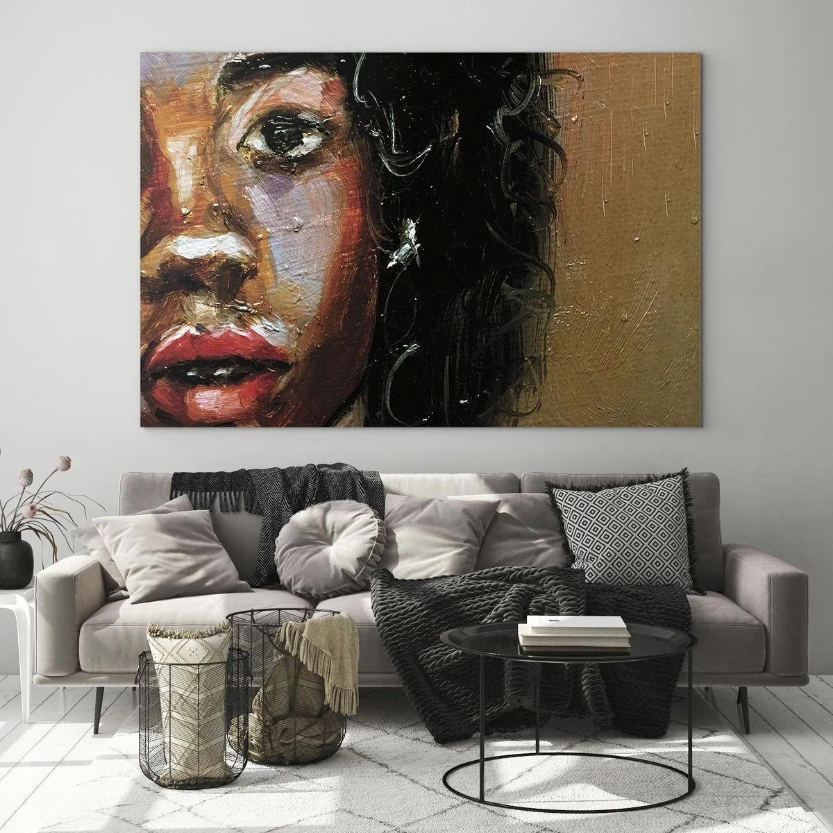 Üveg kép - Egy színes, festői stílusú nőportré töredéke - 70x50cm - Fekete és fény - Modern fali dekoráció nappalihoz és hálószobához ARTTOR