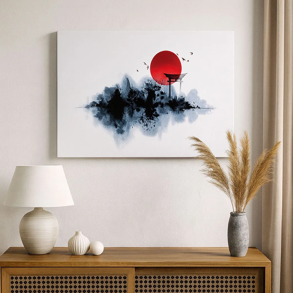 Vászonkép - Vörös nap toriival festői táj felett - 70x50cm - Japán kilátás - Modern fali dekoráció nappalihoz és hálószobához ARTTOR