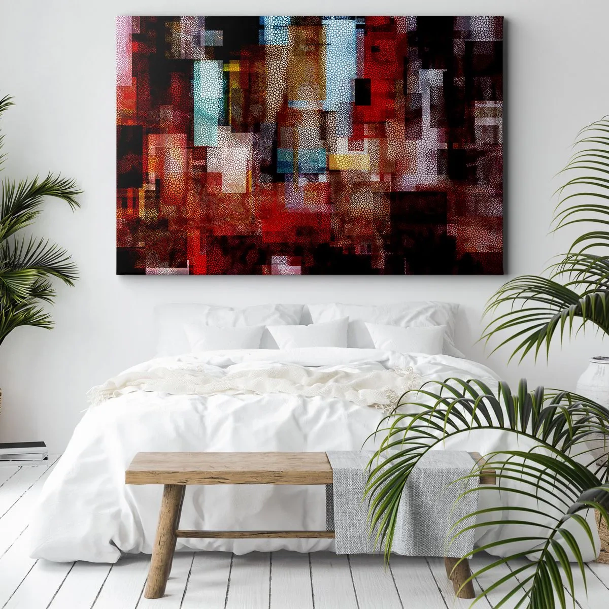 Vászonkép - Geometrikus absztrakció intenzív vörös árnyalatokban - 70x50cm - Zavartság zavartsággal - Modern fali dekoráció nappalihoz és hálószobához ARTTOR