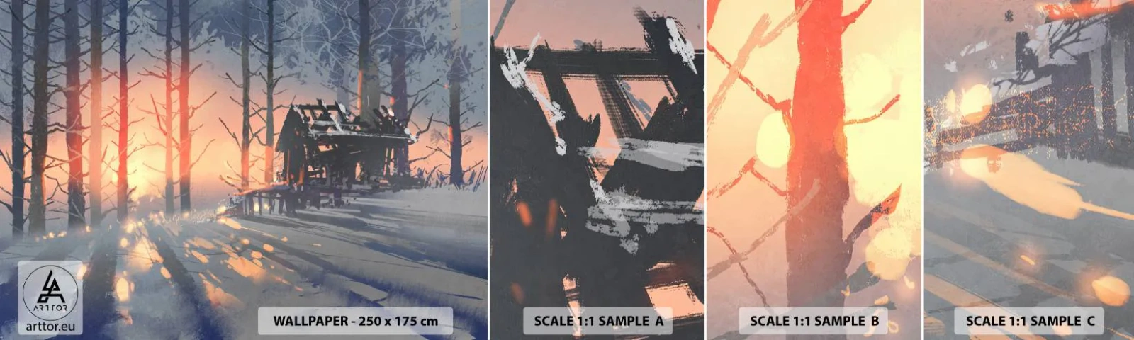 Fotótapéta Minta Standard Eco - Ide csak a nap néz be - Tájkép, Erdei kunyhó, Erdő - 100x30 cm