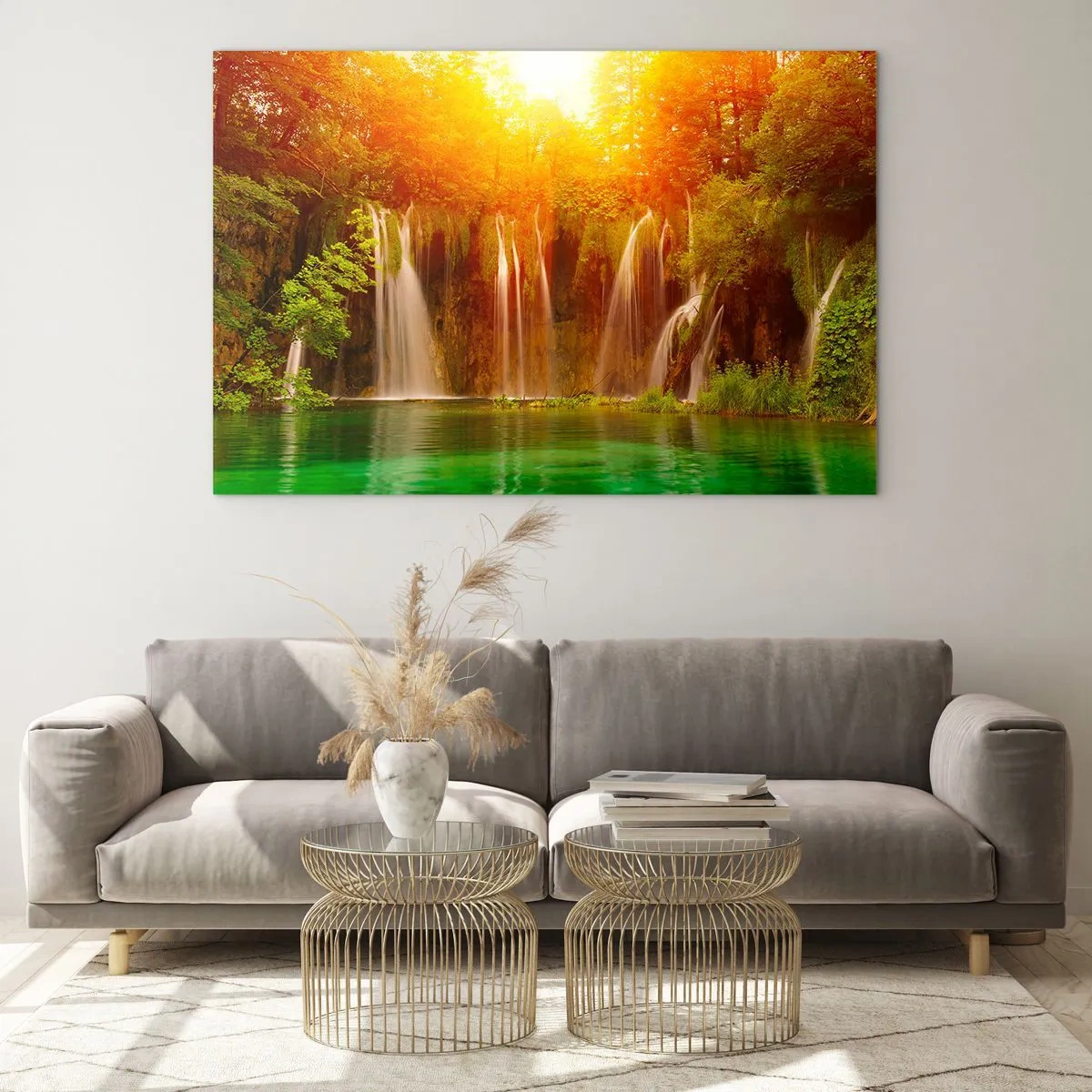 Üveg kép - Vízesések egy napsütötte erdőben, türkizkék vízzel - 70x50cm - A napon és az árnyékban - Modern fali dekoráció nappalihoz és hálószobához ARTTOR