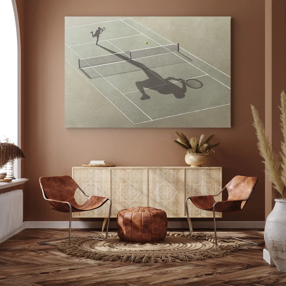 Vászonkép - Egy teniszező árnyéka a pályán egy teniszmeccs alatt - 70x50cm - Önmagumk legyőzése - Modern fali dekoráció nappalihoz és hálószobához ARTTOR