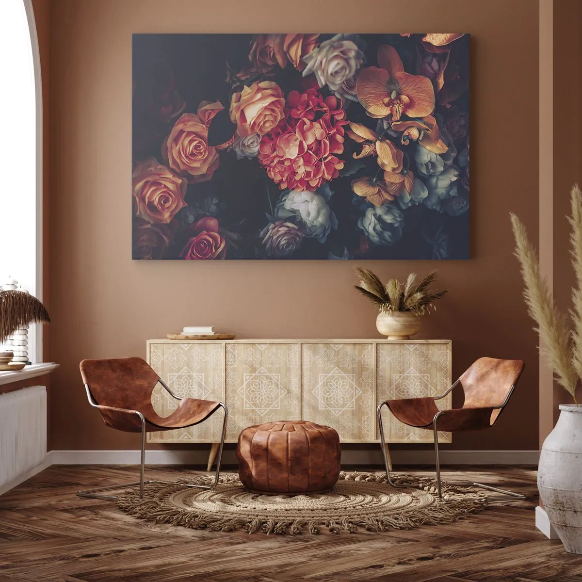 Vászonkép - Különböző virágok csokor sötét tónusokban - 70x50cm - Mint a holland mestereknél - Modern fali dekoráció nappalihoz és hálószobához ARTTOR