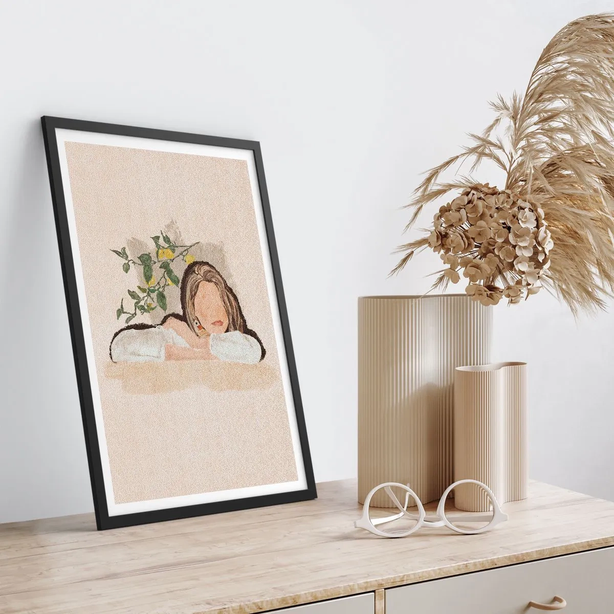 Poszter fehér keretben - Egy elmélkedő alak a természet ölelésében - 50x70cm - Déli szépség - Modern fali dekoráció nappalihoz és hálószobához ARTTOR