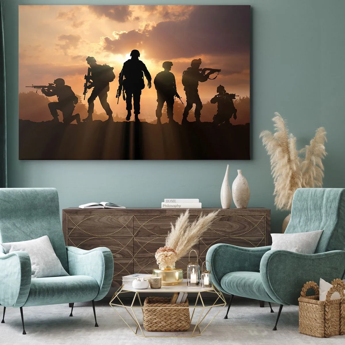 Vászonkép - Katonák a lenyugvó nap hátterében, dinamikus környezetben - 70x50cm - Brothers in arms - Modern fali dekoráció nappalihoz és hálószobához ARTTOR