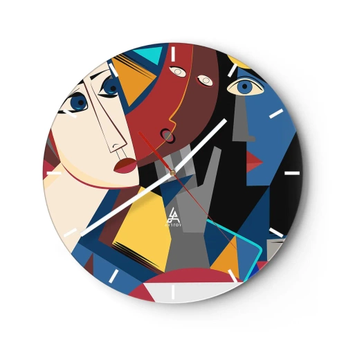 Falióra, Óra - Élénk színű kubista arcok geometrikus kompozícióban - 30x30cm - Kubisták beszélgetése - Modern fali dekoráció nappalihoz, konyhához és hálószobához ARTTOR