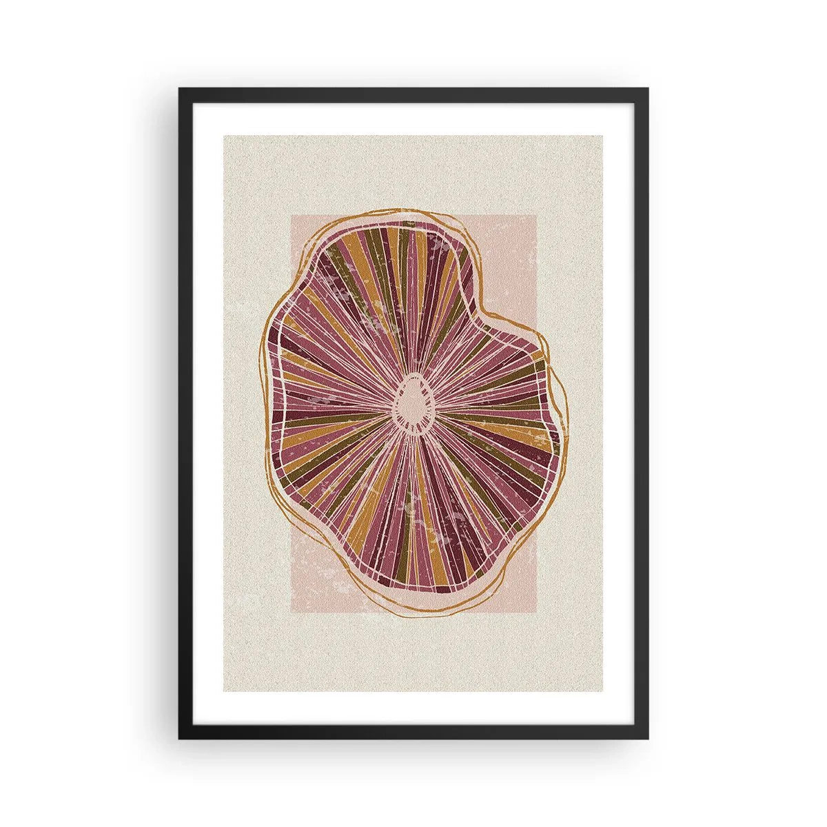 Poszter fehér keretben - Egy fa absztrakt keresztmetszete rózsaszín és barna árnyalatokban. - 50x70cm - Sugárzó absztrakció - Modern fali dekoráció nappalihoz és hálószobához ARTTOR