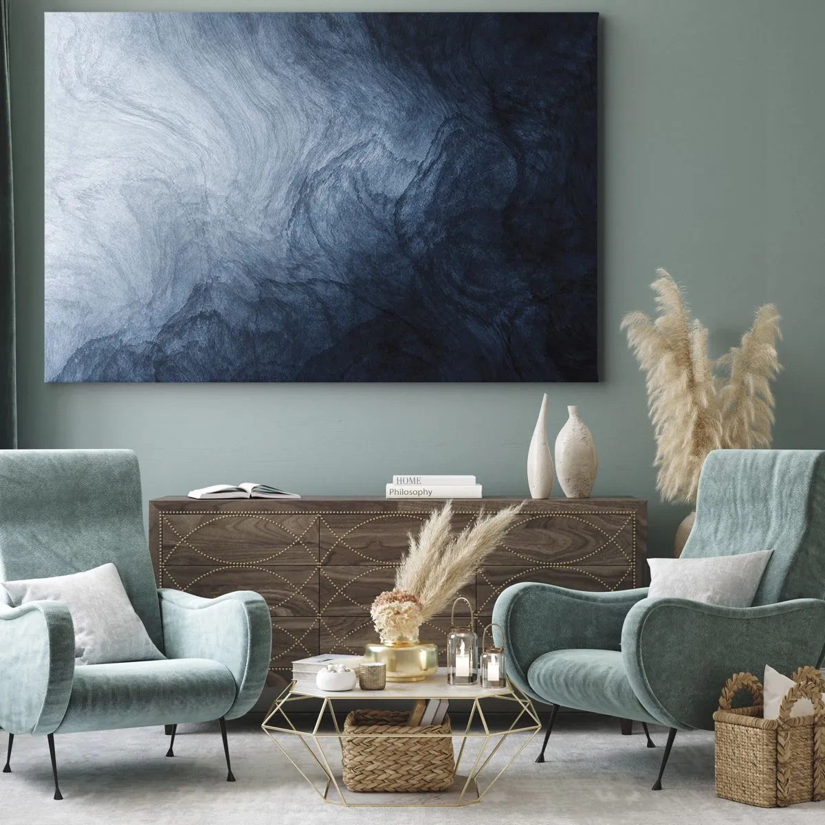 Vászonkép - Egy absztrakt kompozíció kék és sötétkék árnyalatokban. - 70x50cm - Mélyrenyúlás - Modern fali dekoráció nappalihoz és hálószobához ARTTOR