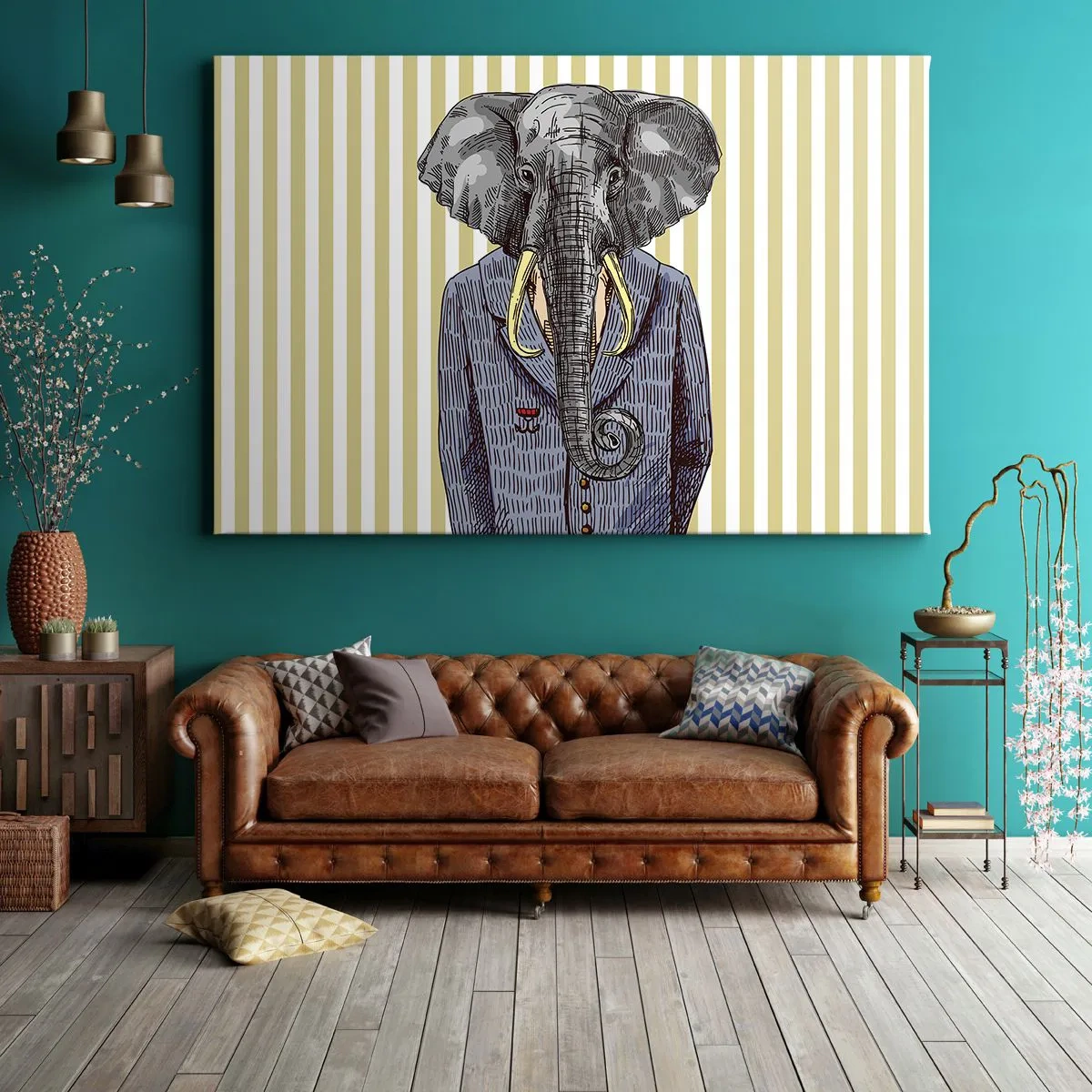 Vászonkép - Egy öltönyös elefánt bézs csíkos háttér előtt - 70x50cm - Természeténél fogva elegáns - Modern fali dekoráció nappalihoz és hálószobához ARTTOR
