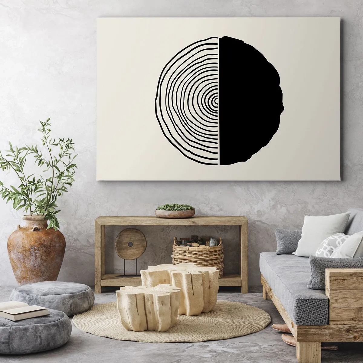 Vászonkép - Egy absztrakt fekete-fehér motívum, melyet egy geometrikus tagolású fa keresztmetszete ihletett. - 70x50cm - Fele fele - Modern fali dekoráció nappalihoz és hálószobához ARTTOR