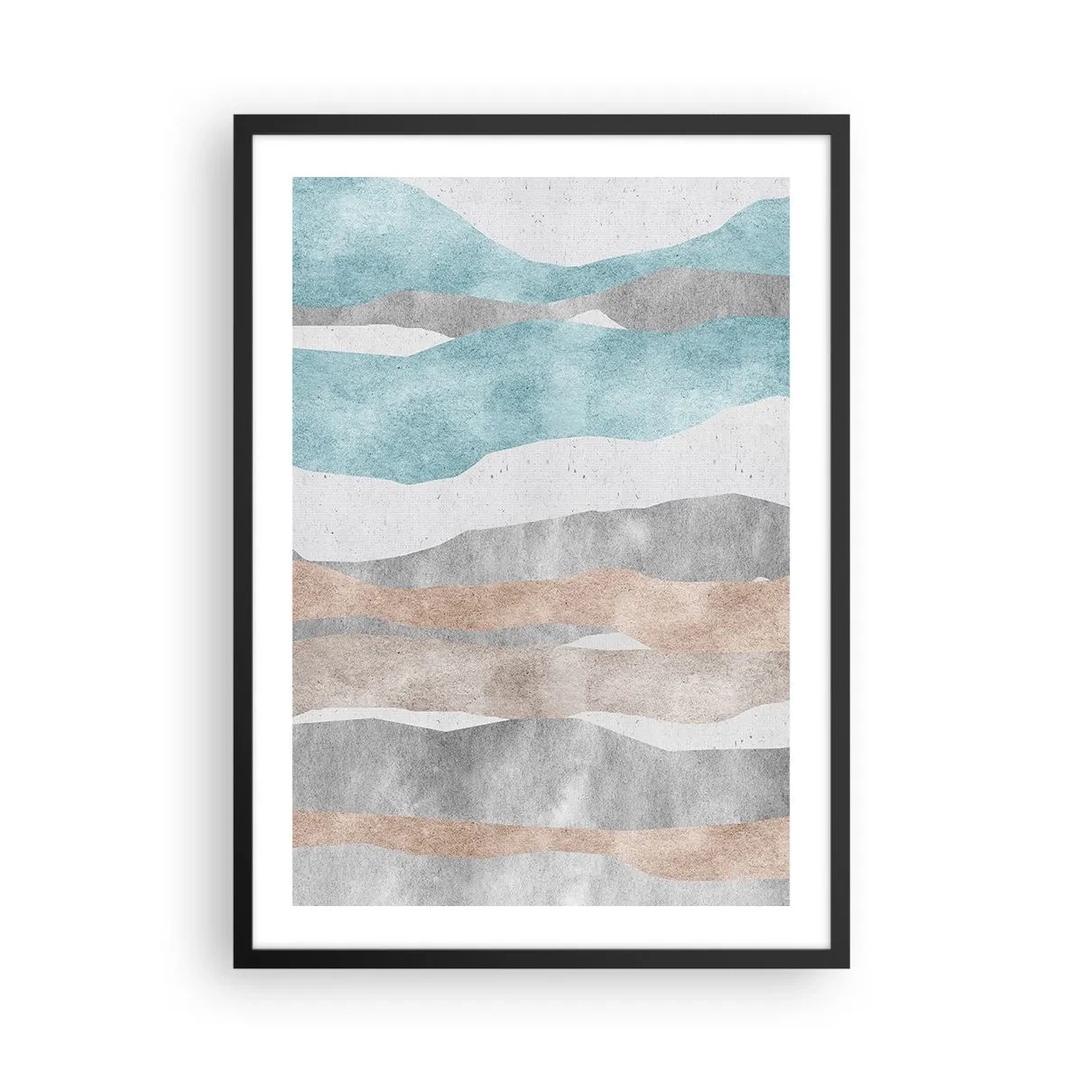 Poszter fehér keretben - Minimalista hullámok kék és bézs árnyalatokban - 50x70cm - A meghittség tanulmánya - Modern fali dekoráció nappalihoz és hálószobához ARTTOR