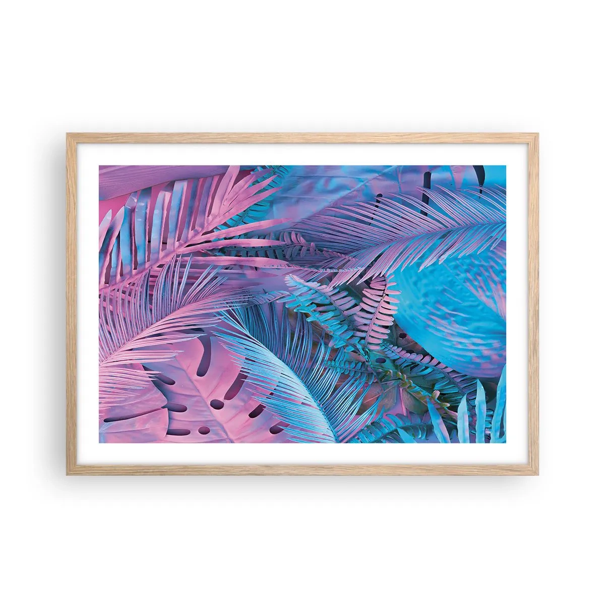 Poszter világos tölgy keretben - Trópusok rózsaszínben és kékben - 70x50 cm