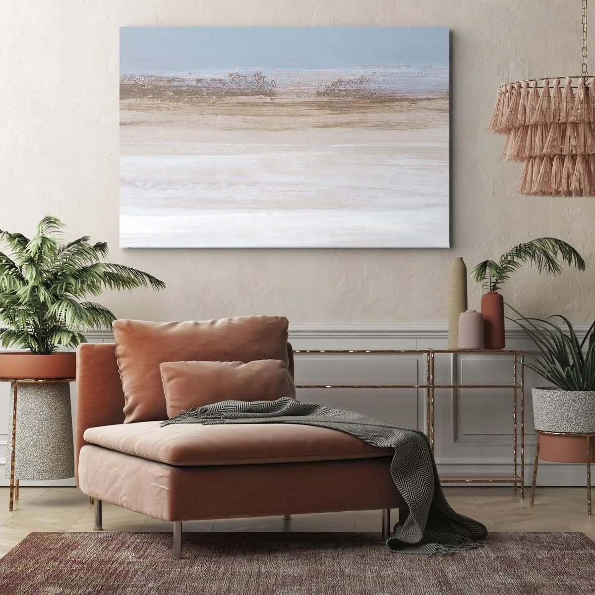 Vászonkép - Finom tájkép pasztell kék és bézs árnyalatokban - 70x50cm - Többértelmű tájkép - Modern fali dekoráció nappalihoz és hálószobához ARTTOR