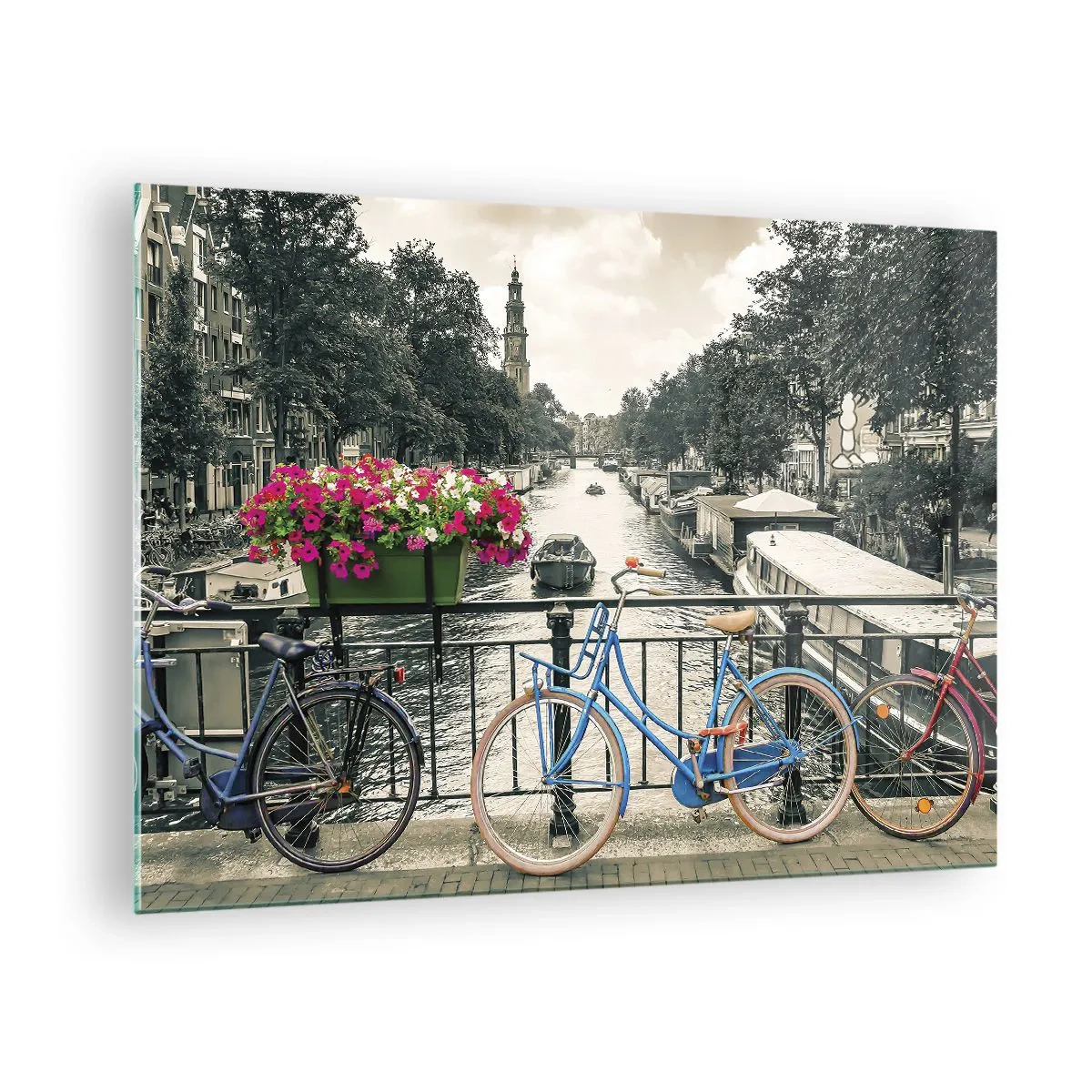 Üveg kép - Színes biciklik a csatornahídon - 70x50cm - Az amszterdami utca színei - Modern fali dekoráció nappalihoz és hálószobához ARTTOR