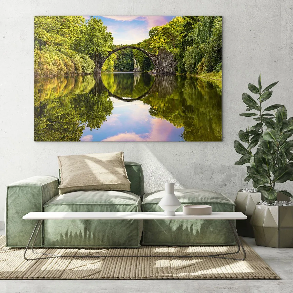 Üveg kép - Egy kőhíd tükröződik a tó nyugodt felszínén - 70x50cm - A két világ találkozásánál - Modern fali dekoráció nappalihoz és hálószobához ARTTOR