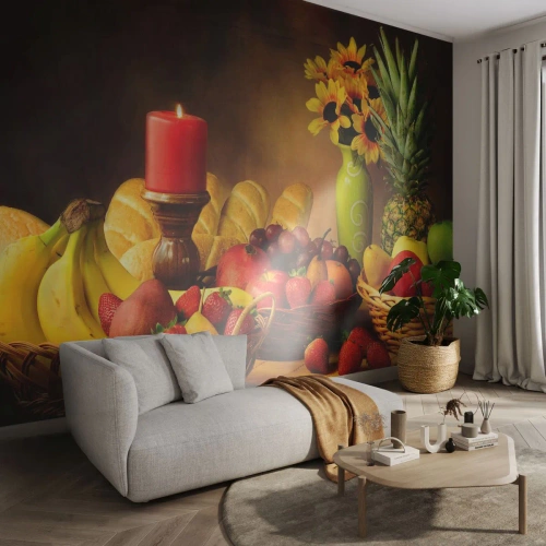 Fotótapéta Premium Sand - Csendélet kenyérrel és gyümölccsel - Gasztronómia, Virágok, Gyümölcs - 450x315 cm