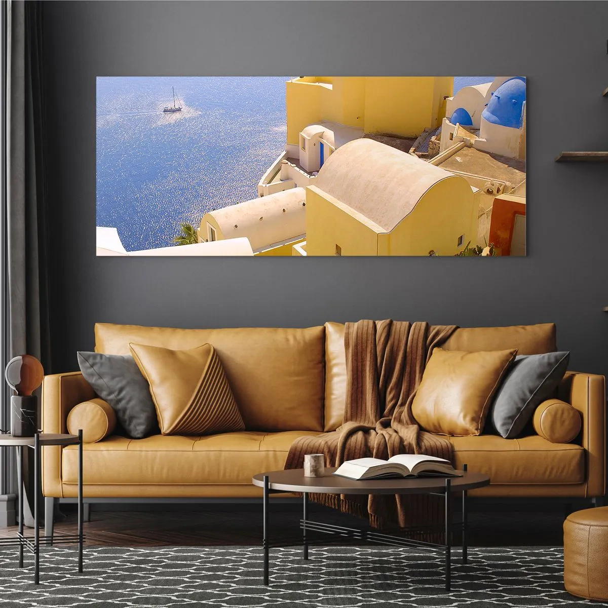 Üveg kép - Görög táj fehér és kék színben - 100x40 cm