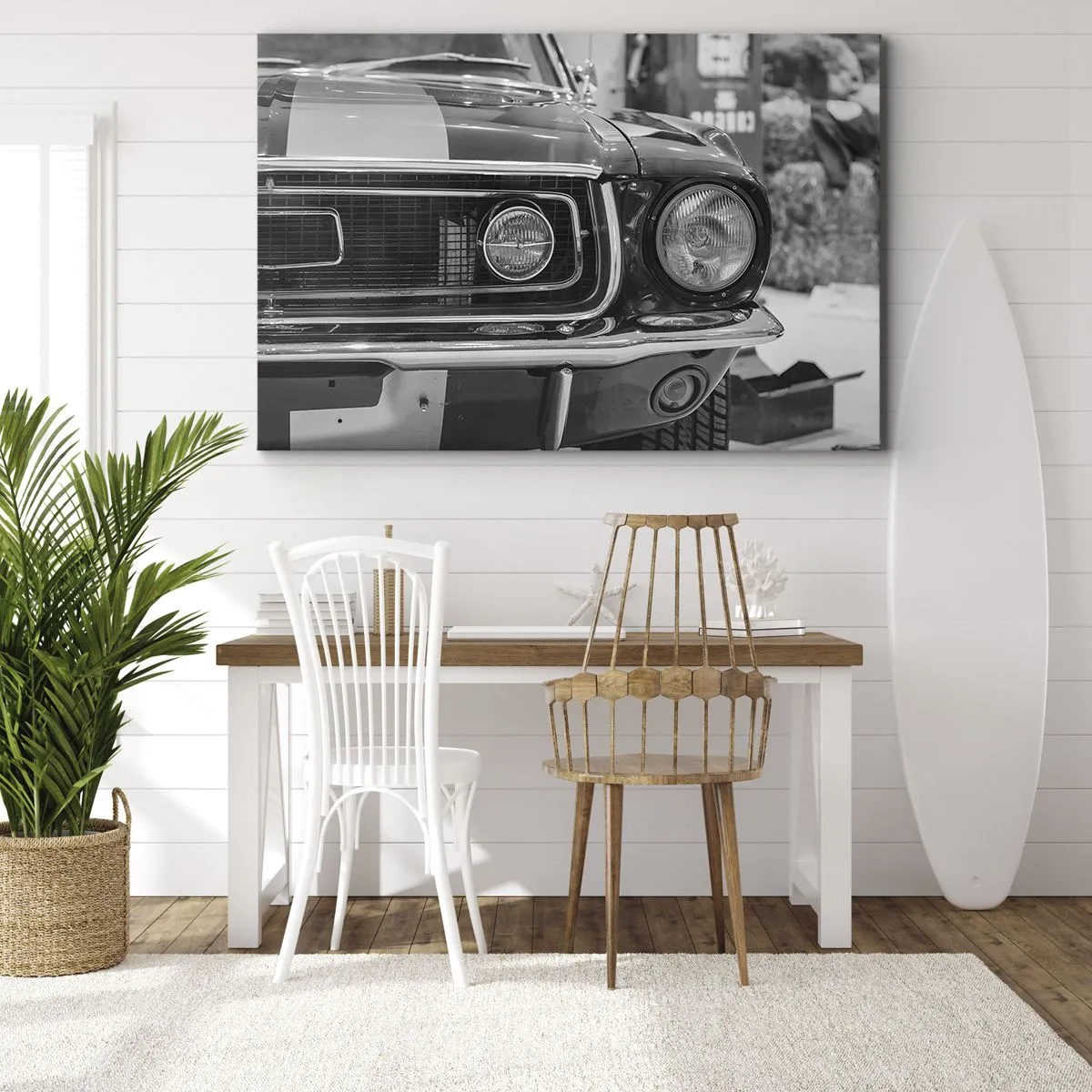 Vászonkép - Fekete-fehér klasszikus autó motorháztető - 70x50cm - Vad utazás - Modern fali dekoráció nappalihoz és hálószobához ARTTOR