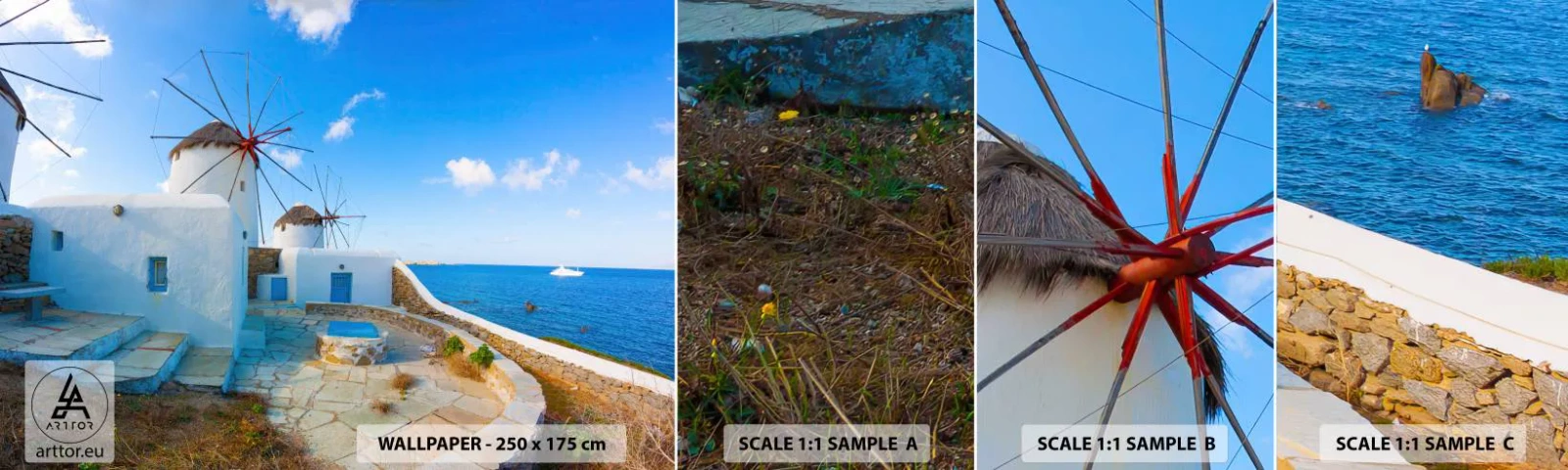 Fotótapéta Minta Standard Eco - Kék szél a tenger felől - Építészet, Tájkép, Görögország - 100x30 cm