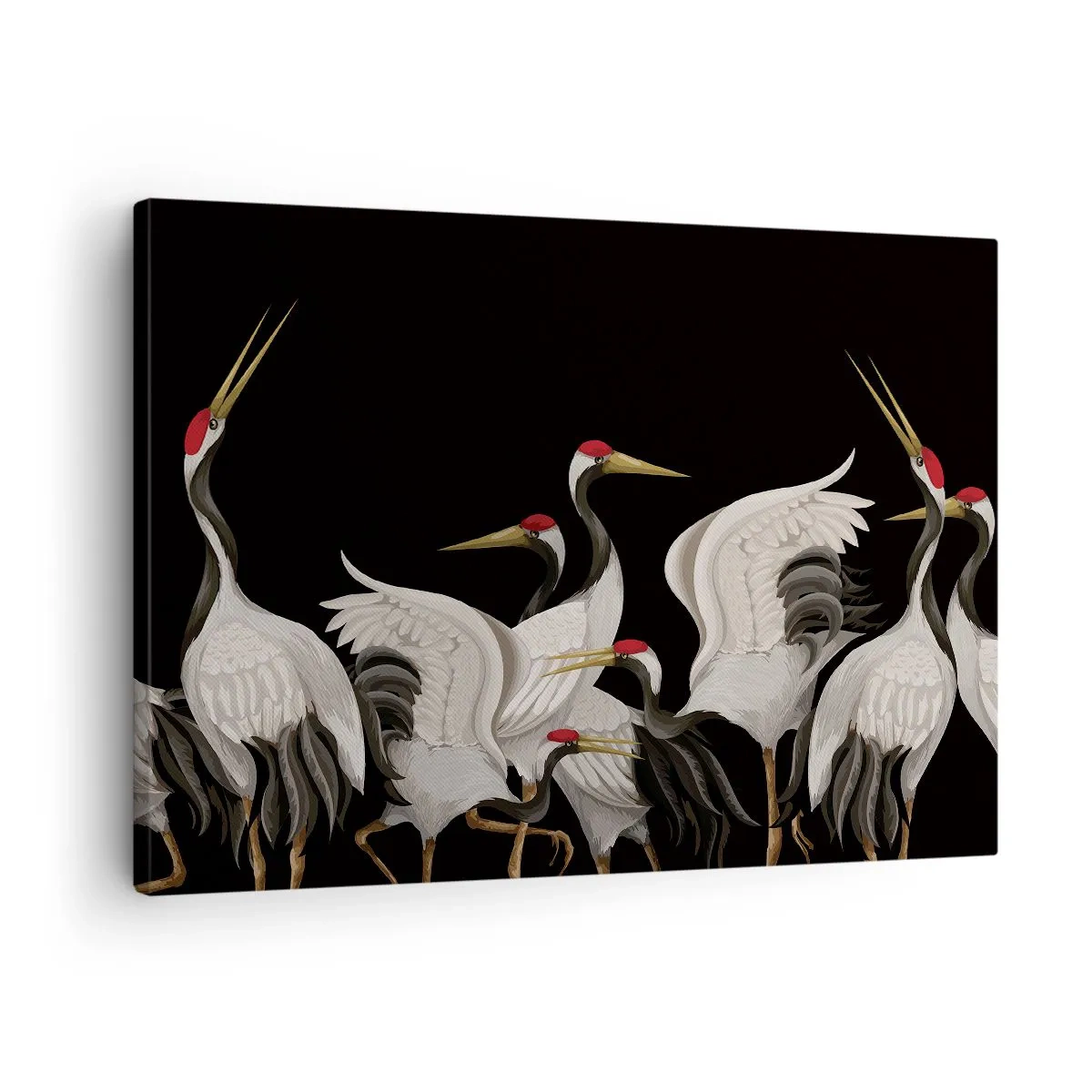 Vászonkép - Fehér daruk piros díszítéssel fekete alapon - 70x50cm - Madádolgok - Modern fali dekoráció nappalihoz és hálószobához ARTTOR
