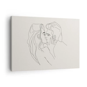 Vászonkép - Egy minimalista illusztráció egy szerető ölelésben lévő párról - 70x50cm - Összegabalyodva az érzésben - Modern fali dekoráció nappalihoz és hálószobához ARTTOR