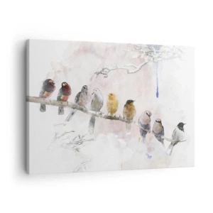Vászonkép - Színes madarak egy ágon akvarell stílusban - 70x50cm - Szárnyas találkozó - Modern fali dekoráció nappalihoz és hálószobához ARTTOR