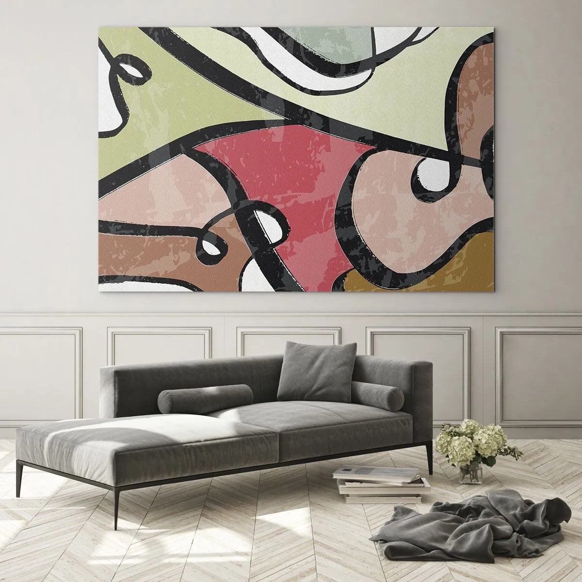 Üveg kép - Színes absztrakció fekete vonalakkal - 70x50cm - Pirouettek a színek között - Modern fali dekoráció nappalihoz és hálószobához ARTTOR