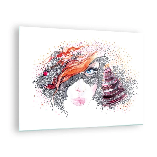 Üveg kép - Dinamikus mintákkal és piros díszítéssel rendelkező nő portréja - 70x50cm - Vele minden nap ünnep - Modern fali dekoráció nappalihoz és hálószobához ARTTOR