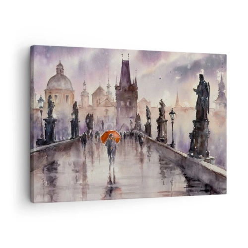 Vászonkép - Romantikus kilátás egy hídra esernyővel az esti város hátterében - 70x50cm - Az emberek nem változnak - Modern fali dekoráció nappalihoz és hálószobához ARTTOR