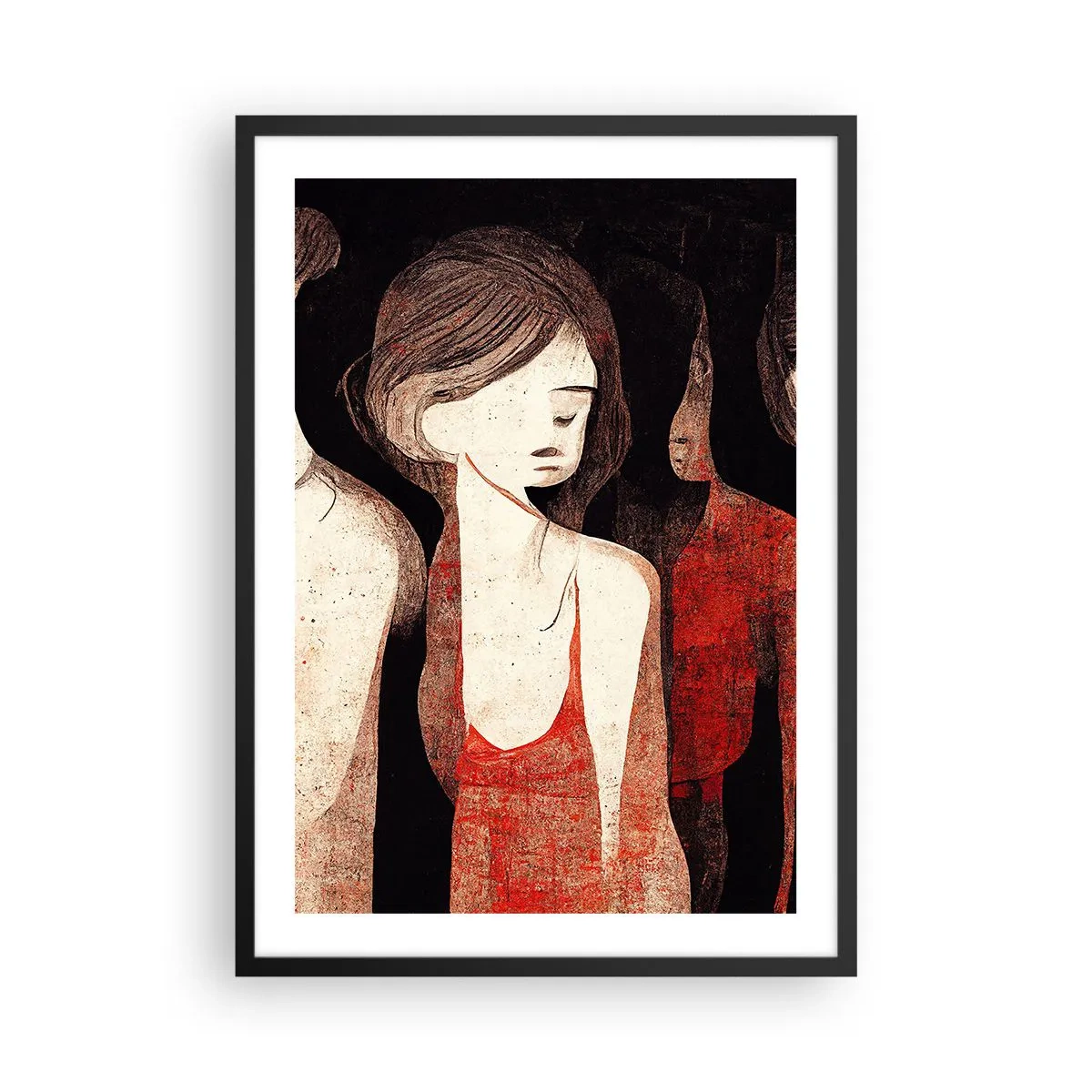 Poszter fehér keretben - Egy piros és fekete alak absztrakt illusztrációja - 50x70cm - A sötétség madonnái - Modern fali dekoráció nappalihoz és hálószobához ARTTOR