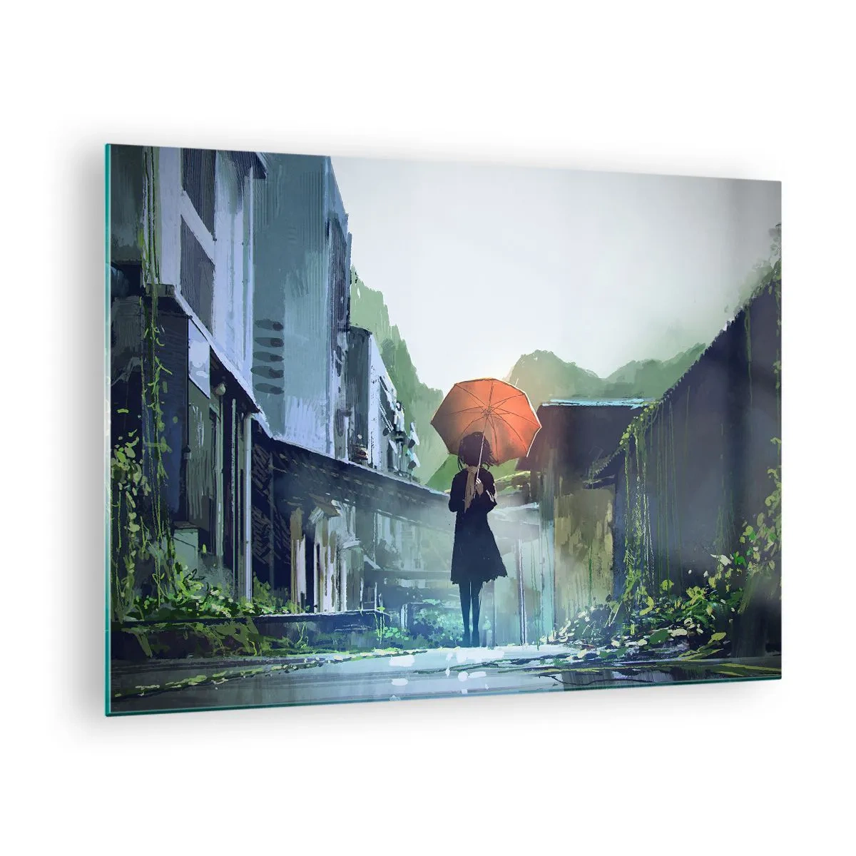 Üveg kép - Egy alak narancssárga esernyővel egy esős utcán - 70x50cm - Éltető eső - Modern fali dekoráció nappalihoz és hálószobához ARTTOR
