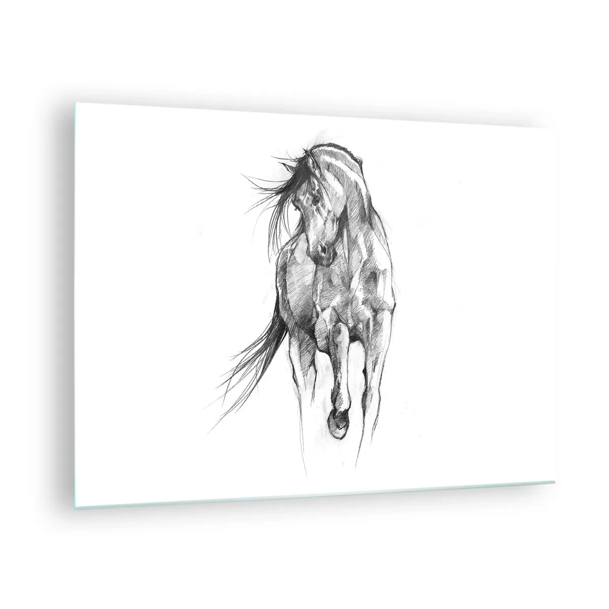 Üveg kép - Egy vágtató ló vázlata minimalista stílusban - 70x50cm - Kecses ügetésben - Modern fali dekoráció nappalihoz és hálószobához ARTTOR