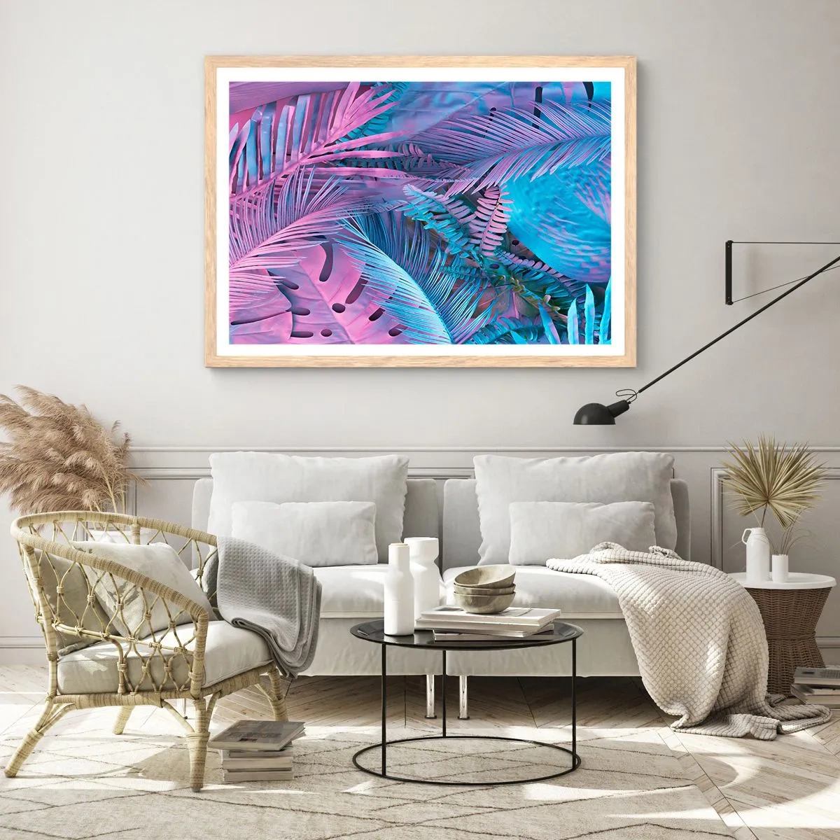 Poszter világos tölgy keretben - Trópusok rózsaszínben és kékben - 91x61 cm