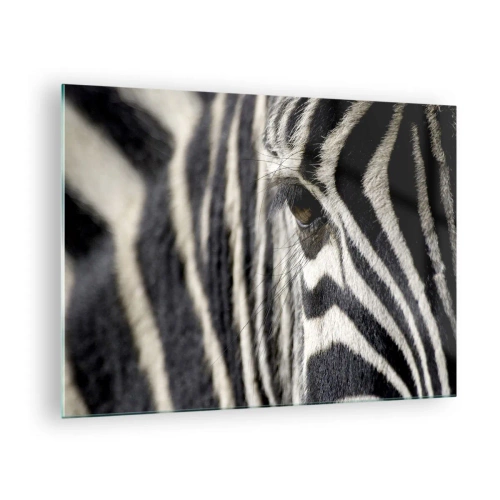 Üveg kép - Zebra szemének és fekete-fehér csíkjainak közeli képe - 70x50cm - Csíkos portré - Modern fali dekoráció nappalihoz és hálószobához ARTTOR