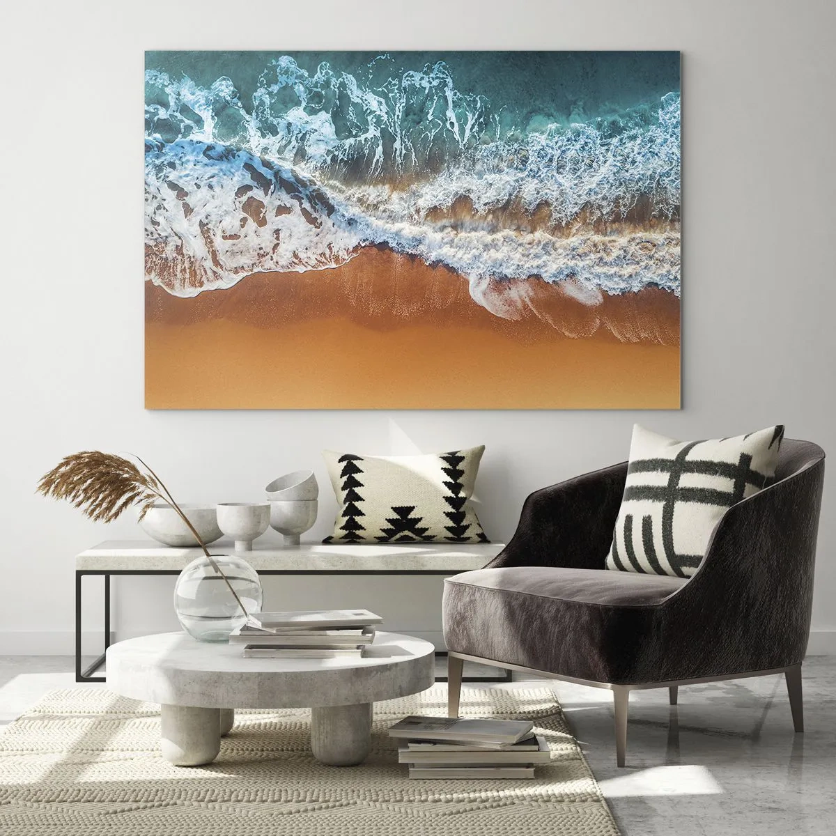 Üveg kép - Madártávlatból az óceán partjának csapódó hullámai - 70x50cm - Mindig párban - Modern fali dekoráció nappalihoz és hálószobához ARTTOR