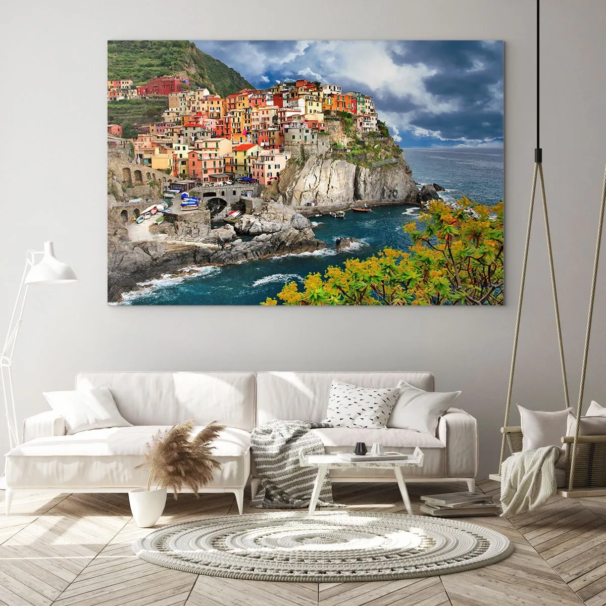 Üveg kép - Egy színes város egy sziklán a tengerparton - 70x50cm - Egy csoport a sziklákra simulva - Modern fali dekoráció nappalihoz és hálószobához ARTTOR